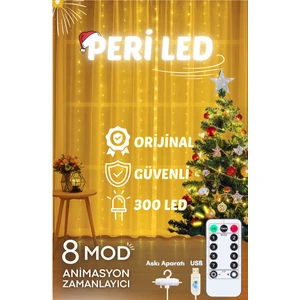 Perde LED 3MX3M Kumandalı 8 Fonksıyonlu 300 Ledli 10 Sarkıtlı Peri Ledi USB Girişli
