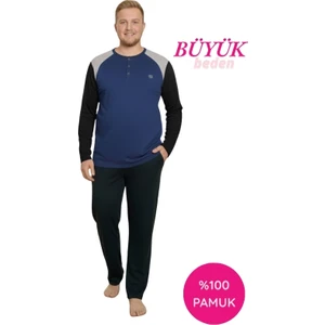 Erkek Mavi Büyük Battal Beden Desenli 3 Düğmeli %100 Pamuk Mevsimlik Uzun Kol Cepli Pijama Takımı