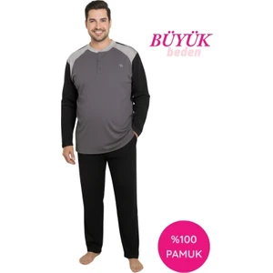 Erkek Antrasit Büyük Battal Beden Desenli 3 Düğmeli %100 Pamuk Mevsimlik Uzun Kol Cepli Pijama Takım