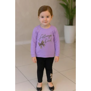 New Kids Fiyonk Leopar Baskılı Taşlı Detaylı Mevsimlik Lila Renk Kız Çocuk Taytlı Takım