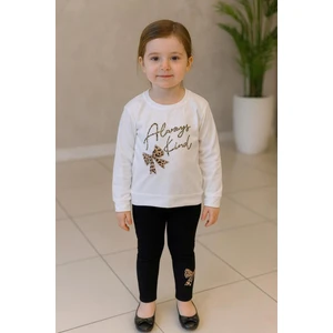 New Kids Fiyonk Leopar Baskılı Taşlı Detaylı Mevsimlik Beyaz Renk Kız Çocuk Taytlı Takım