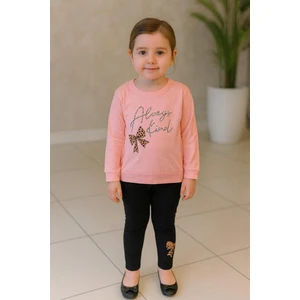 New Kids Fiyonk Leopar Baskılı Taşlı Detaylı Mevsimlik Pembe Renk Kız Çocuk Taytlı Takım