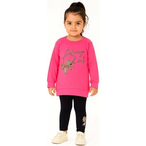 New Kids Fiyonk Leopar Baskılı Taşlı Detaylı Mevsimlik Fuşya Renk Kız Çocuk Taytlı Takım