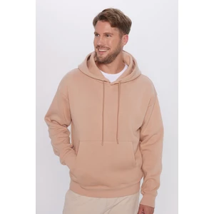 Unisex Oversize Geniş Kesim Pamuklu Yumuşak Dokulu Içi Polarlı Basic Vizon Renk Kapüşonlu Sweatshirt