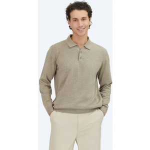 Bej Polo Yaka Düz Örgü Triko Kazak