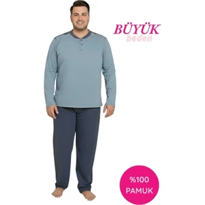 Erkek Mavi 3 Düğmeli Göğüs Cepli Mevsimlik Uzun Kol %100 Pamuk Büyük Beden Cepli Pijama Takımı