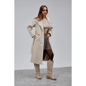 Bej Premium Oversize Kemerli Kaşe Kaban