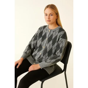 SFG Life Moda Kadın Baklava Desenli Önü Gold Düğmeli Oversize Ceket Hırka