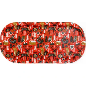 Atagift Hediyelik Metal -Kırmızı Geyikli Yılbaşı Sunum Tepsisi  35 x 15CM Tepsi