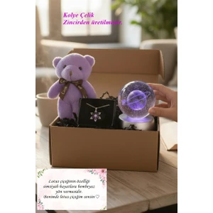 Ayıcık, Lotus Kamelya Çiçeği Kolye ve Satürn Temalı Işıklı  Dolunay 3D LED Işıklı Cam Küre Hediye