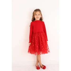 Kırmızı  Yıldız Baskılı Tül Etekli Kız Çocuk Elbise - Karen