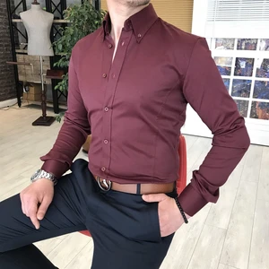 Terzi Adem italyan stil slim fit dik yaka saten erkek gömlek Bordo T4742