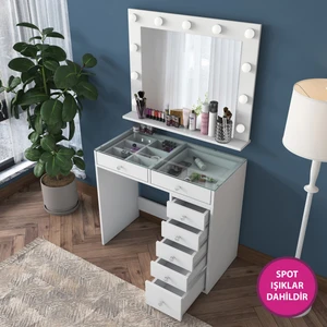 BJ117 Hollywood Işıklı Aynalı Kulis Makyaj Masası Cam Tablalı 7 Çekmeceli Takı Düzenleyici Beyaz