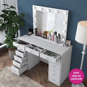 BJ119 Hollywood Işıklı Aynalı Kulis Makyaj Masası 13 Çekmeceli Takı Düzenleyici Beyaz