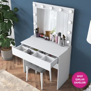 BJ121 Hollywood Işıklı Aynalı Kulis Makyaj Masası Takı Düzenleyici + Tabure Takım Beyaz