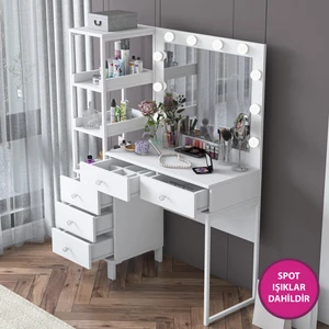 BJ128 Hollywood Işıklı Aynalı Kulis Makyaj Masası 5 Çekmeceli Raflı Takı Düzenleyici Beyaz