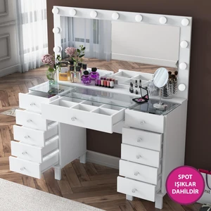 BJ137 Hollywood Işıklı Aynalı Kulis Makyaj Masası Cam Tablalı 11 Çekmeceli Takı Düzenleyici Beyaz