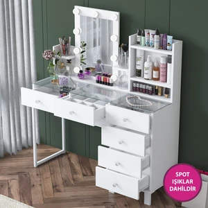 BJ141 Hollywood Işıklı Aynalı Kulis Makyaj Masası Cam Tablalı 6 Çekmeceli Takı Düzenleyici Beyaz