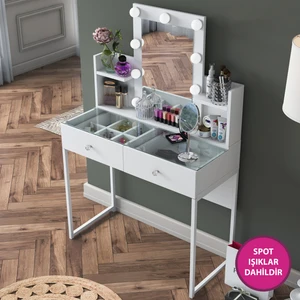 BJ145 Hollywood Işıklı Aynalı Kulis Makyaj Masası Cam Tablalı 2 Çekmeceli Takı Düzenleyici Beyaz