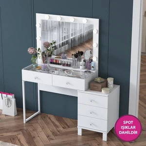BJ150 Hollywood Işıklı Aynalı Kulis Makyaj Masası Cam Tablalı 5 Çekmeceli Takı Düzenleyici Beyaz