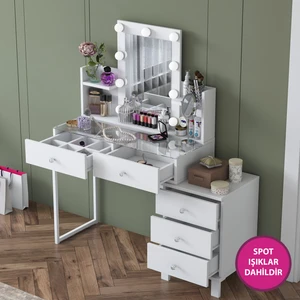 BJ152 Hollywood Işıklı Aynalı Kulis Makyaj Masası Cam Tablalı 5 Çekmeceli Takı Düzenleyici Beyaz
