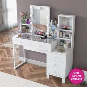 BJ153 Hollywood Işıklı Aynalı Kulis Makyaj Masası Cam Tablalı 5 Çekmeceli Takı Düzenleyici Beyaz