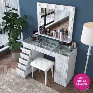 BJ156 Hollywood Işıklı Aynalı Kulis Makyaj Masası Cam Tablalı 13 Çekmeceli Takı Düzenleyici Puf Takım Beyaz