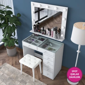 BJ160 Hollywood Işıklı Aynalı Kulis Makyaj Masası Cam Tablalı 7 Çekmeceli Takı Düzenleyici Puf Takım Beyaz