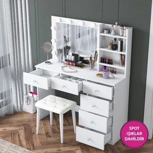 BJ162 Hollywood Işıklı Aynalı Kulis Makyaj Masası 6 Çekmeceli Takı Düzenleyici Puf Takım Beyaz