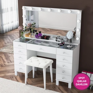 BJ163 Hollywood Işıklı Aynalı Kulis Makyaj Masası Cam Tablalı 11 Çekmeceli Takı Düzenleyici Puf Takım Beyaz
