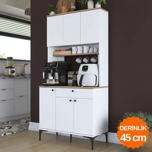 JE196 Çok Amaçlı Dolap 6 Kapaklı 1 Çekmeceli Kiler Mutfak Dolabı Sepet Ceviz - Beyaz