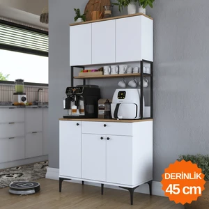 JE197 Çok Amaçlı Dolap 6 Kapaklı 1 Çekmeceli Kiler Mutfak Dolabı Sepet Ceviz - Beyaz