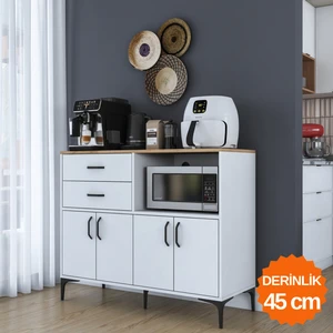 JE206 Kahve Köşesi Çok Amaçlı Dolap 4 Kapaklı 2 Çekmeceli Kiler Mutfak Dolabı Beyaz - Sepet Ceviz