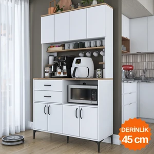 JE208 Çok Amaçlı Dolap 8 Kapaklı 2 Çekmeceli Kiler Mutfak Dolabı  Beyaz - Sepet Ceviz