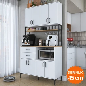 JE209 Çok Amaçlı Dolap 8 Kapaklı 2 Çekmeceli Raflı Kiler Mutfak Dolabı Beyaz - Sepet Ceviz