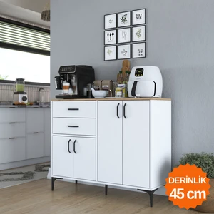 JE210 Kahve Köşesi Çok Amaçlı Dolap 4 Kapaklı 2 Çekmeceli Kiler Mutfak Dolabı Beyaz - Sepet Ceviz