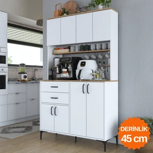 JE212 Kahve Köşesi Çok Amaçlı Dolap 8 Kapaklı 2 Çekmeceli Raflı Kiler Mutfak Dolabı Beyaz - Sepet Ceviz