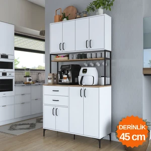 JE213 Kahve Köşesi Çok Amaçlı Dolap 8 Kapaklı 2 Çekmeceli Raflı Kiler Mutfak Dolabı Beyaz - Sepet Ceviz