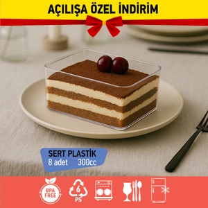 Bizdengelsin 8’li Tiramisu Kapaklı Tatlı Kase Dikdörtgen, Mika Sert Plastik Şeffaf 300CC Tatlı Meze Salata Çerez Dondurma
