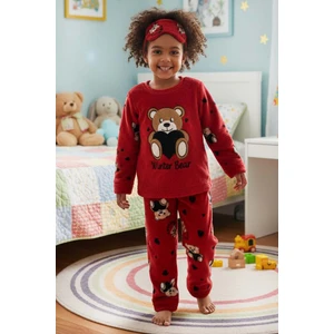 Gri Mor Tekstil Kız Çocuk Kırmızı Ayıcık Desenli Göz Bantlı Peluş Polar Pijama Takımı