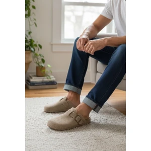 Tam Ortopedik Keçe Erkek Rahat ve Hafif Şık Bej Ev Terliği