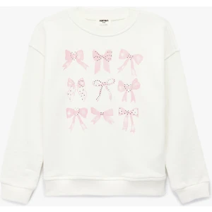 Uzun Kollu Bisiklet Yaka Fiyonk Baskılı Pamuklu Oversize Sweatshirt