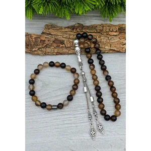 Silvera Telkari Erkek Doğal Taş Tesbih ve Bileklik Set Kahverengi Akik 8 mm BT055