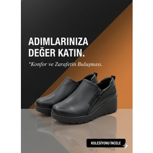 Tamdabu Ayakkabı Hakiki Deri Siyah Dolgu Topuk Garnili Ortopedik Kadın Ayakkabı  TMD202528