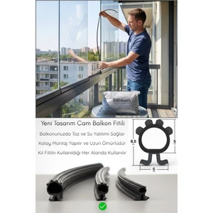 Cam Balkon Fitili 8,5 mm Yükseklik 5 Metre Uzunluk Toz, Ses ve Yağmur Suyu Yalıtımı için Kıl Fitil Alternatifi Siyah Conta