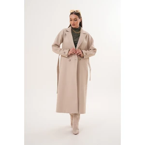 Krem Kuşaklı Astarlı Yünlü Uzun Kaşe Kaban