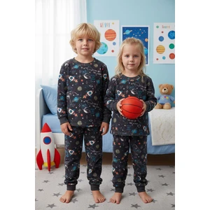 Roket Desenli Bisiklet Yaka Polar Unisex Çocuk Pijama Takımı