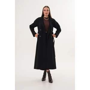 Siyah Kuşaklı Astarlı Yünlü Uzun Kaşe Kaban