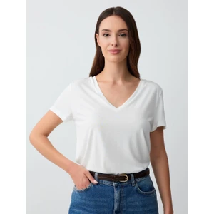 Jimmy Key Beyaz V Yaka Kısa Kollu Örme Modal Tişört