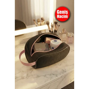 Siyah Istiridye Büyük Makyaj Çantası Pudra Taşıma Saplı ve Fermuarlı